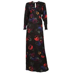 1970s Black Silk Floral Evening Dress