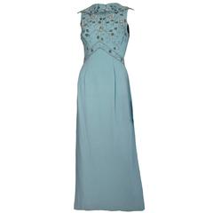 1960s Floral Beaded Aqua Gown