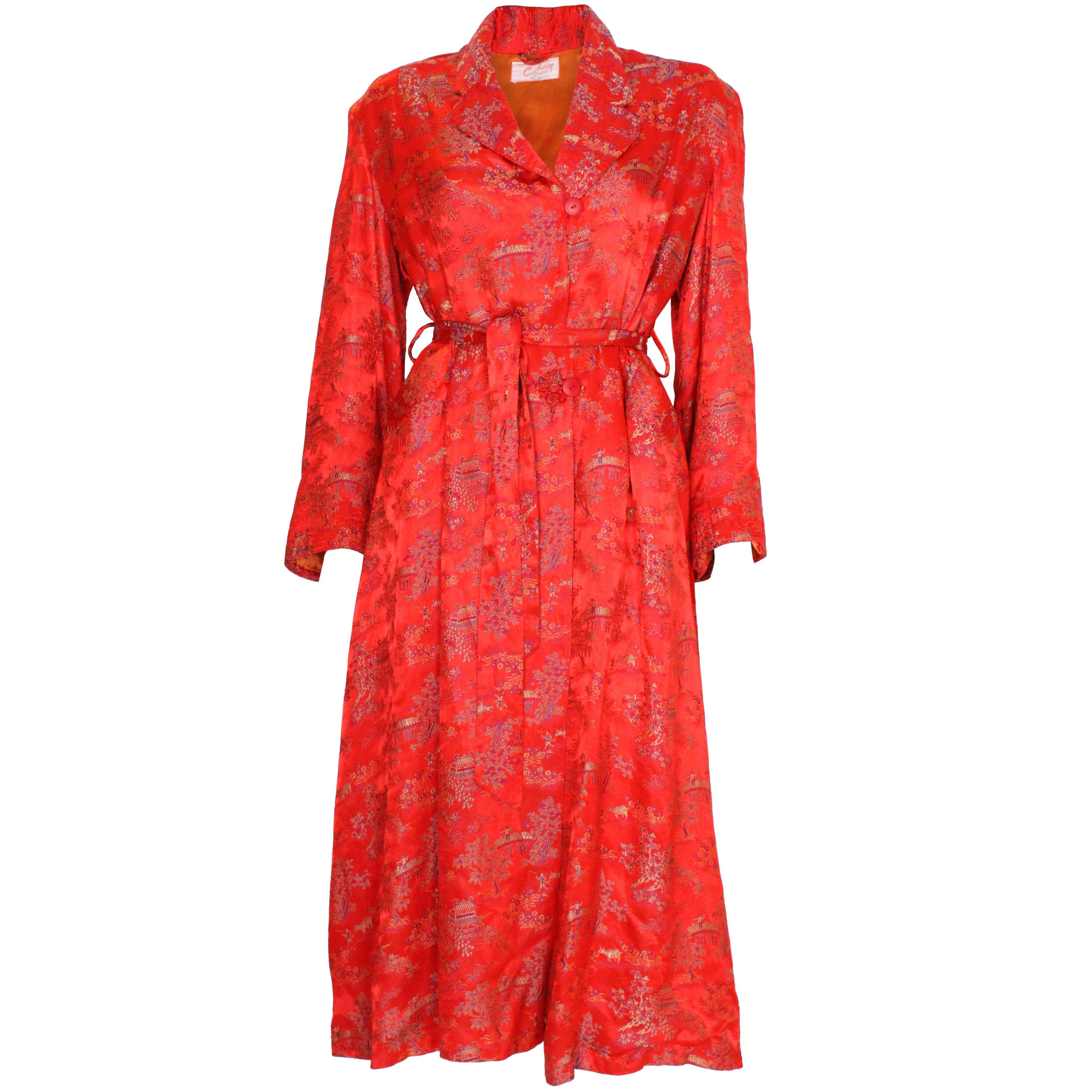 1950s Chinese Style Red Silk Dressing Gown