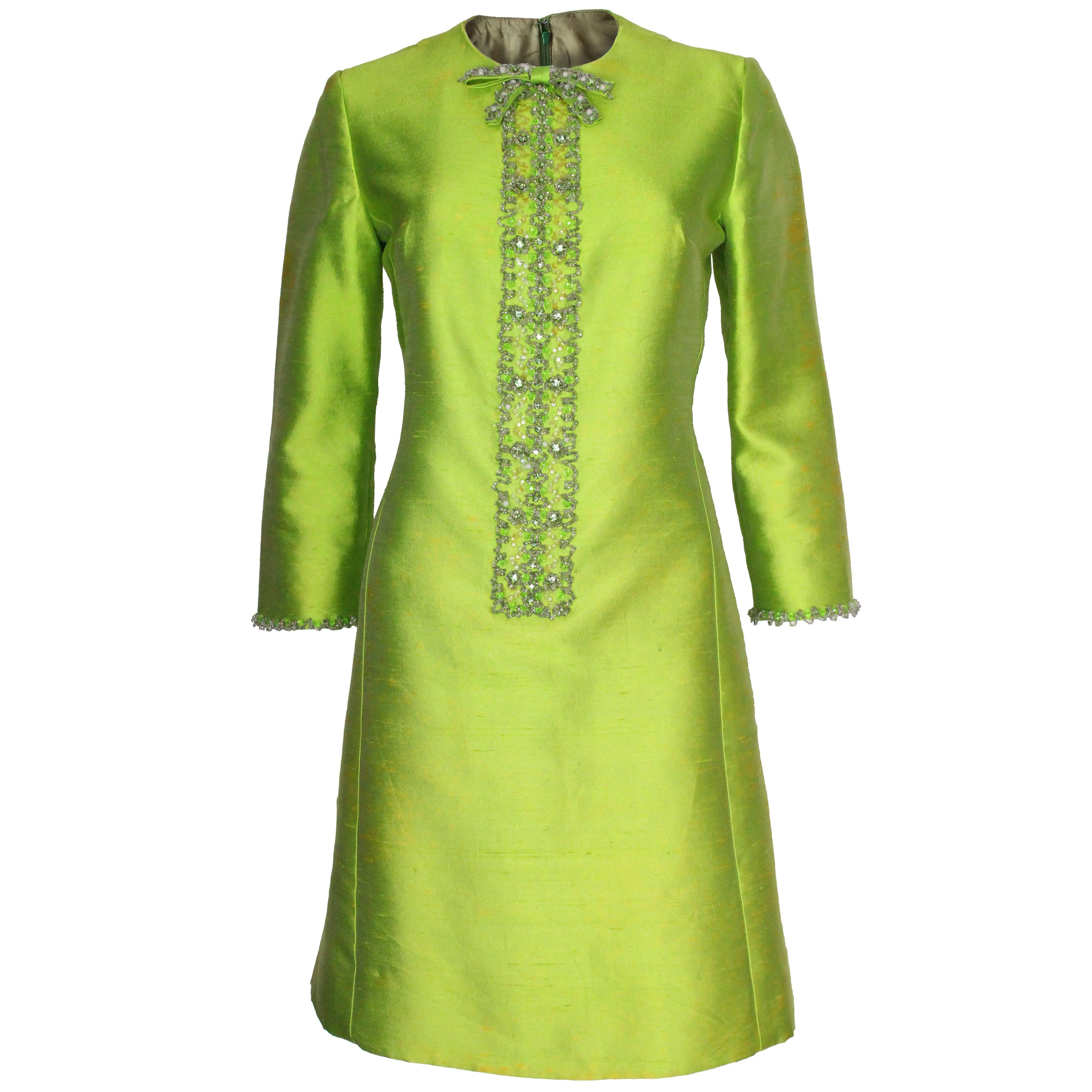 1960s Bright Green Embellished Silk Cocktail Dress