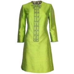 1960s Bright Green Embellished Silk Cocktail Dress