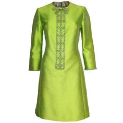 1960s Bright Green Embellished Silk Cocktail Dress 8