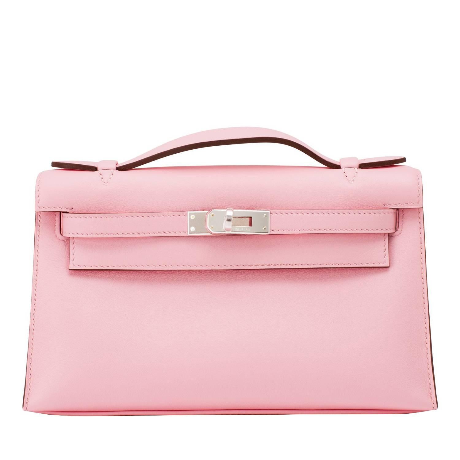 Hermes Rose Sakura Kelly Pochette Cut Clutch Bag Swift Palladium Hardware