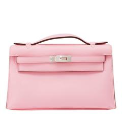 Hermès Rose Sakura Kelly Pochette Cut Clutch Bag Swift Palladium Hardware