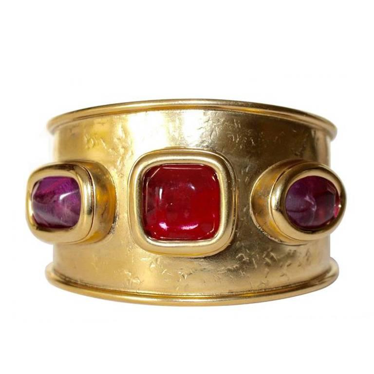 Goossens Paris Hammered Gold and Pink Rock Crystal Cuff Bracelet