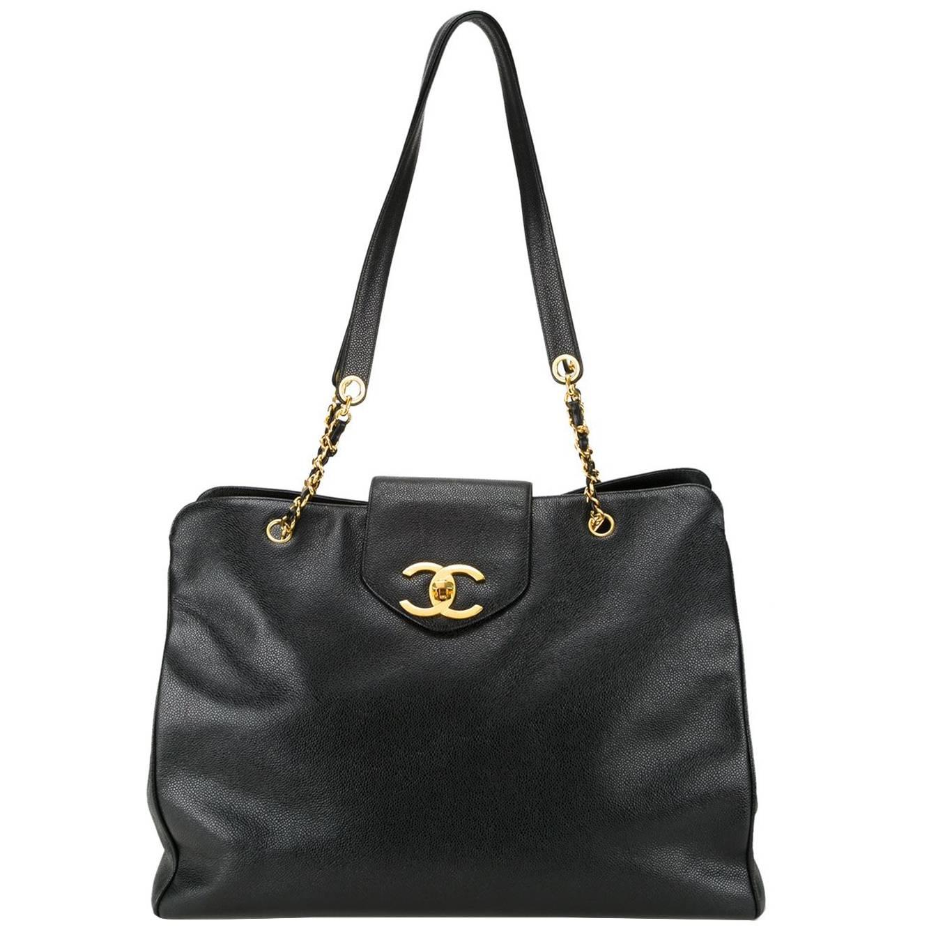 Chanel Vintage Black Leather Gold Large Shopper Travel Weekender Tote Bag