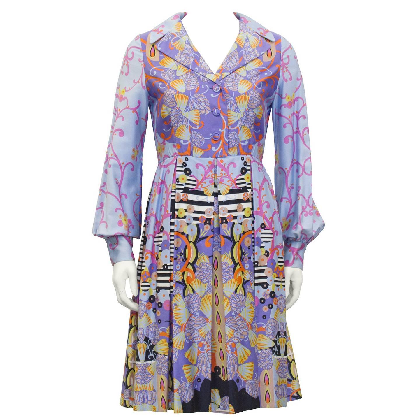 1960's Anonymous Combed Cotton Psychedelic Seashell Print Shirt Dress 