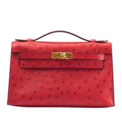 Hermes Kelly Pochette Ostrich Leather "Rouge Vif" Bright Red Color GHW 2017