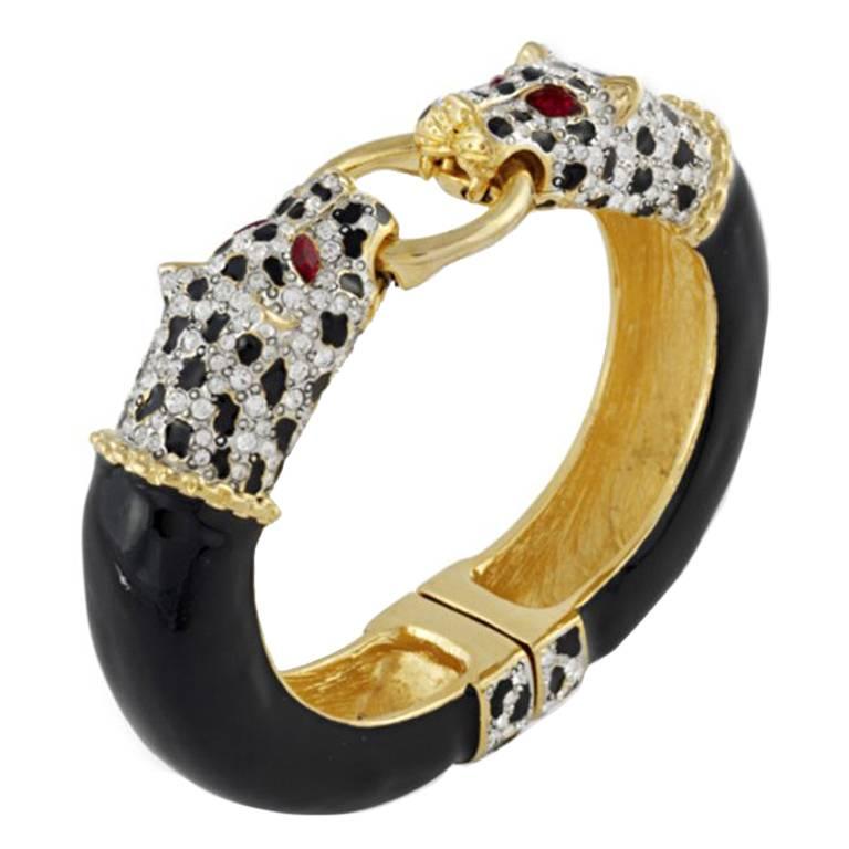 Kenneth Jay Lane Black and Crystal Leopard Bracelet For Sale