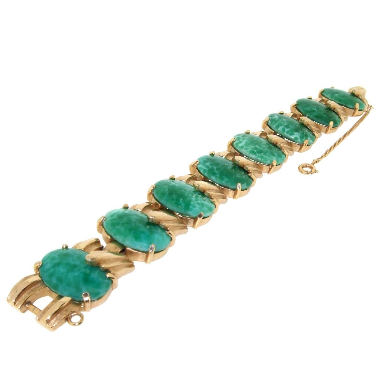 Vintage Jade Effect Glass Bracelet by Trifari For Sale
