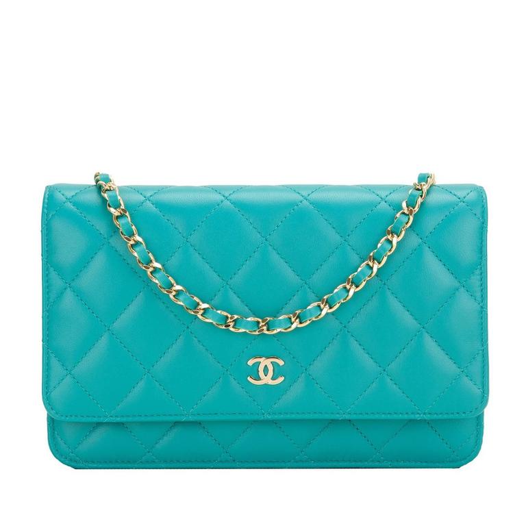 Chanel Turquoise Quilted Lambskin Classic Wallet On Chain (WOC) at 1stDibs