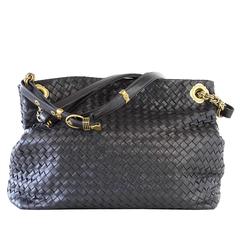 Bottega Veneta Black Signature Woven Leather Antiqued Gold Hardware Bag 