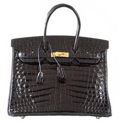 Hermes Birkin 35 Bag Black Crocodile Gold Hardware  