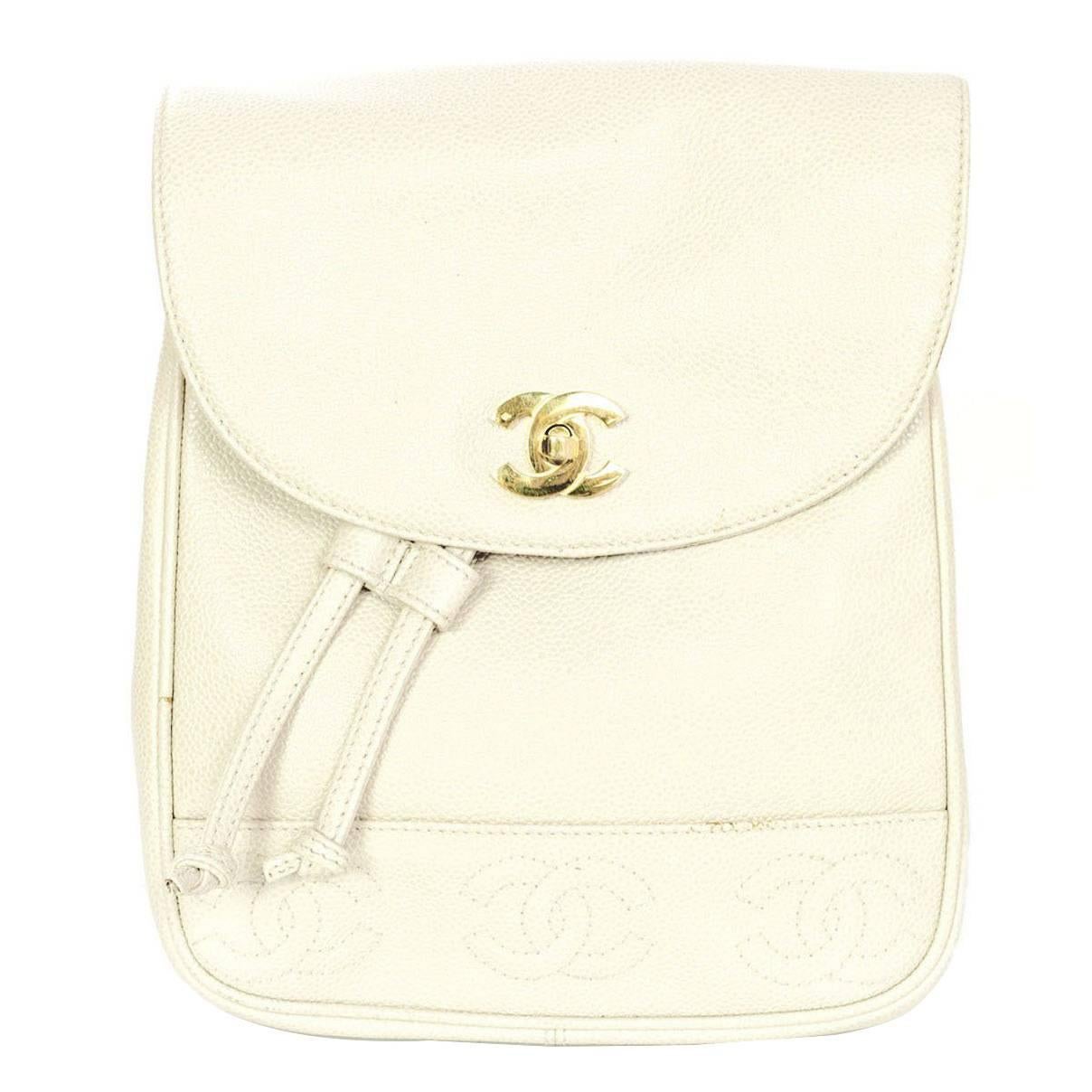 Chanel Vintage Ivory Caviar Leather Leather CC Backpack