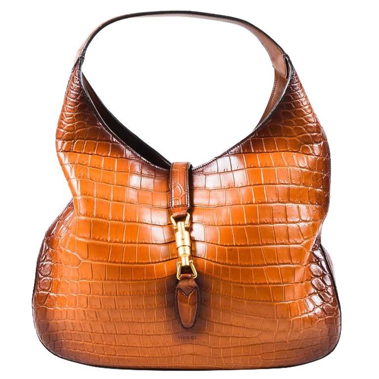 Gucci Limited Edition $21K Brown Genuine Crocodile "Jackie" Shoulder Bag For Sale