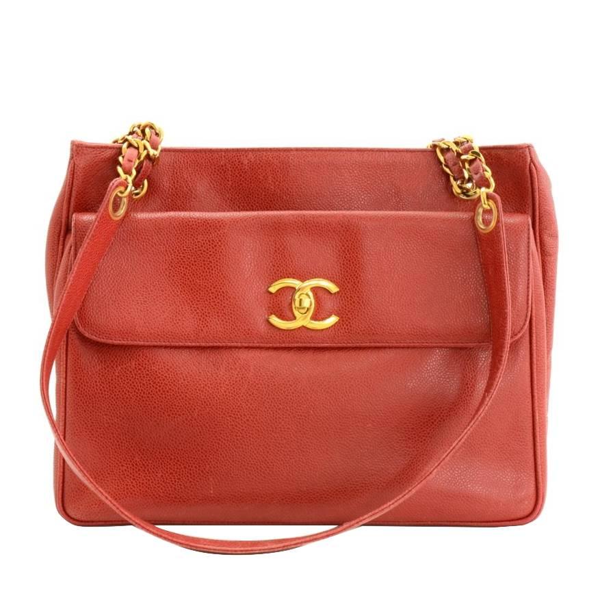 Chanel 12" Red Caviar Leather Medium Shoulder Tote Bag