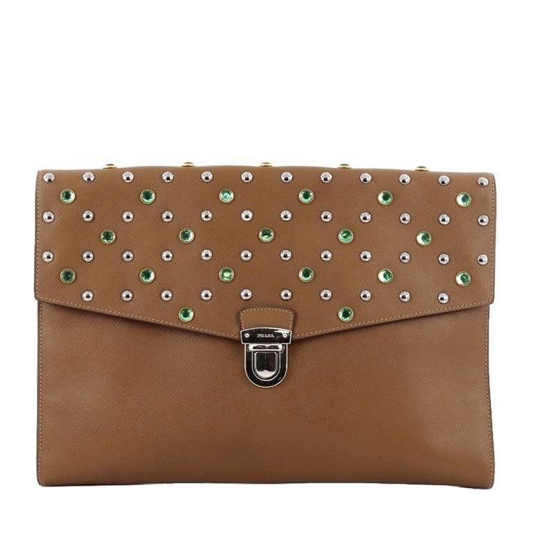 Prada Push Lock Portfolio Handbag Studded Saffiano Leather Large