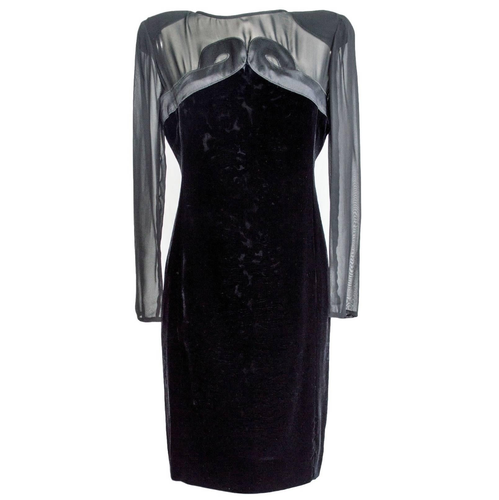 Valentino Sheat Black Silk Velvet Italian Dress, 1980 For Sale