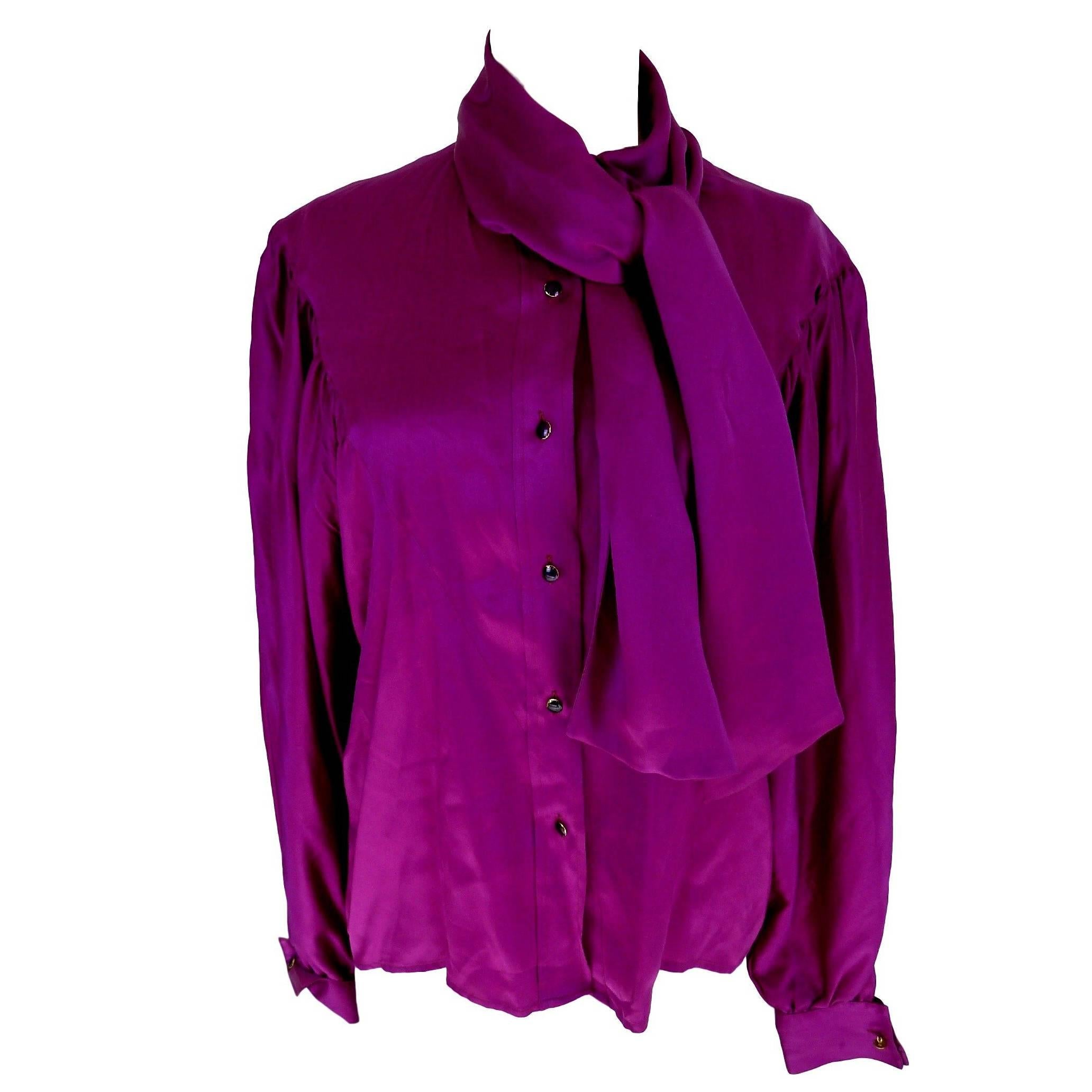 Thierry Mugler vintage 1990s blouse silk women's purple 42 shawl collar balloon For Sale