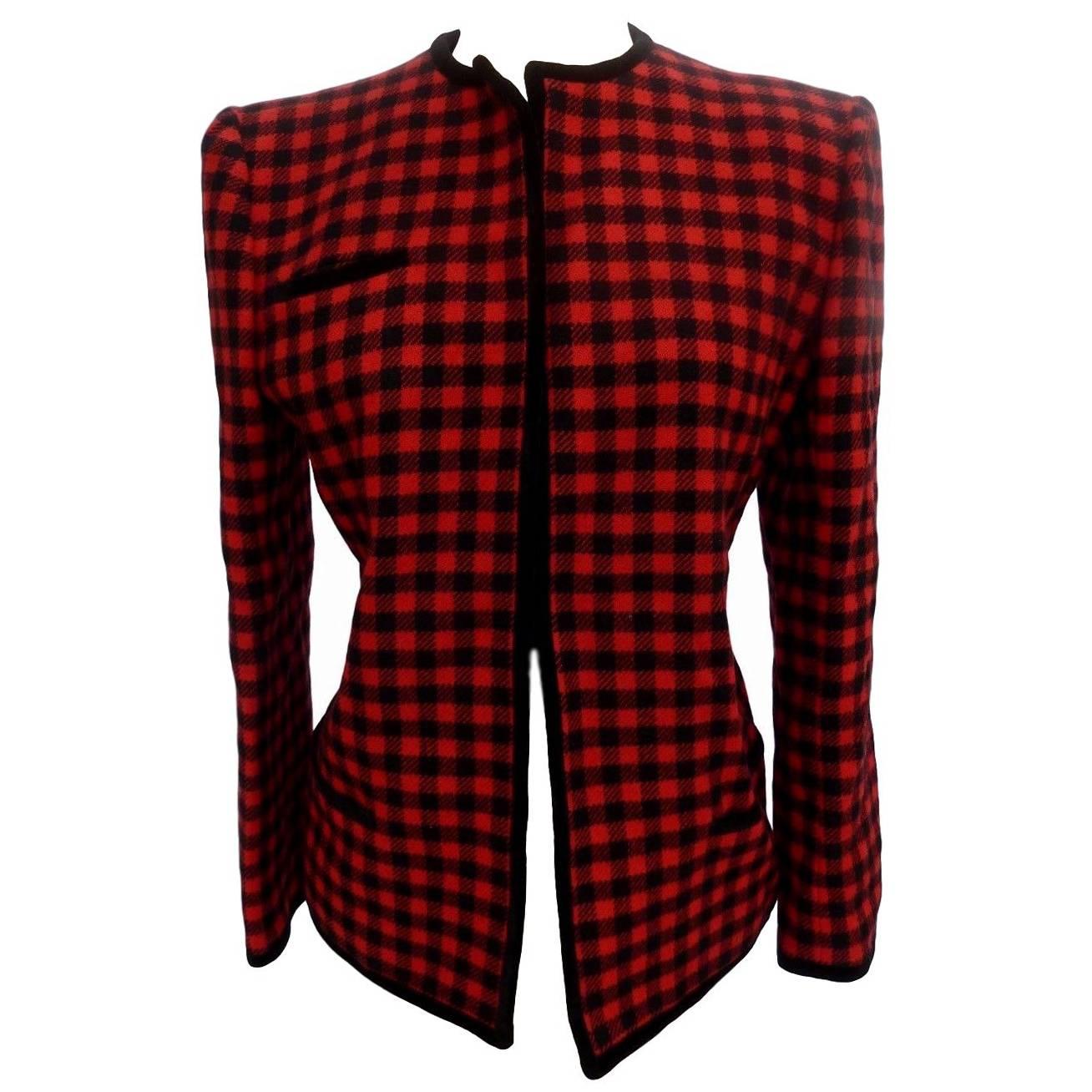 Valentino Boutique Vintage 80s wool check jacket Black and red 100% wool Size 40 For Sale