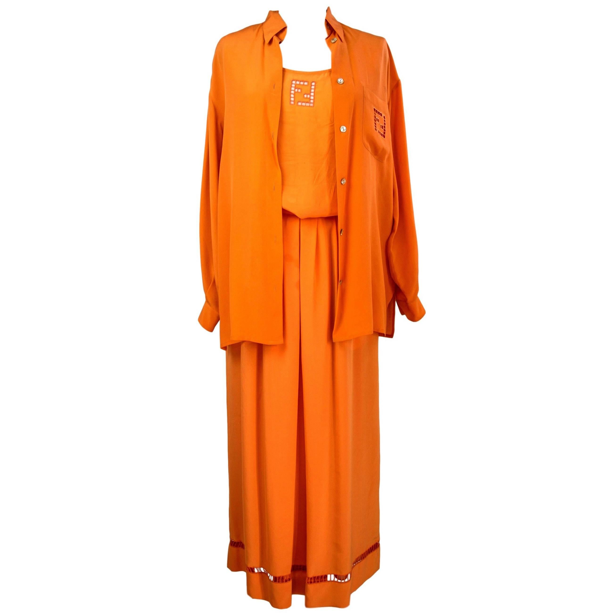 Fendi 365 vintage 1980s dress set suit blouse shirt and skirt orange silk sz 42