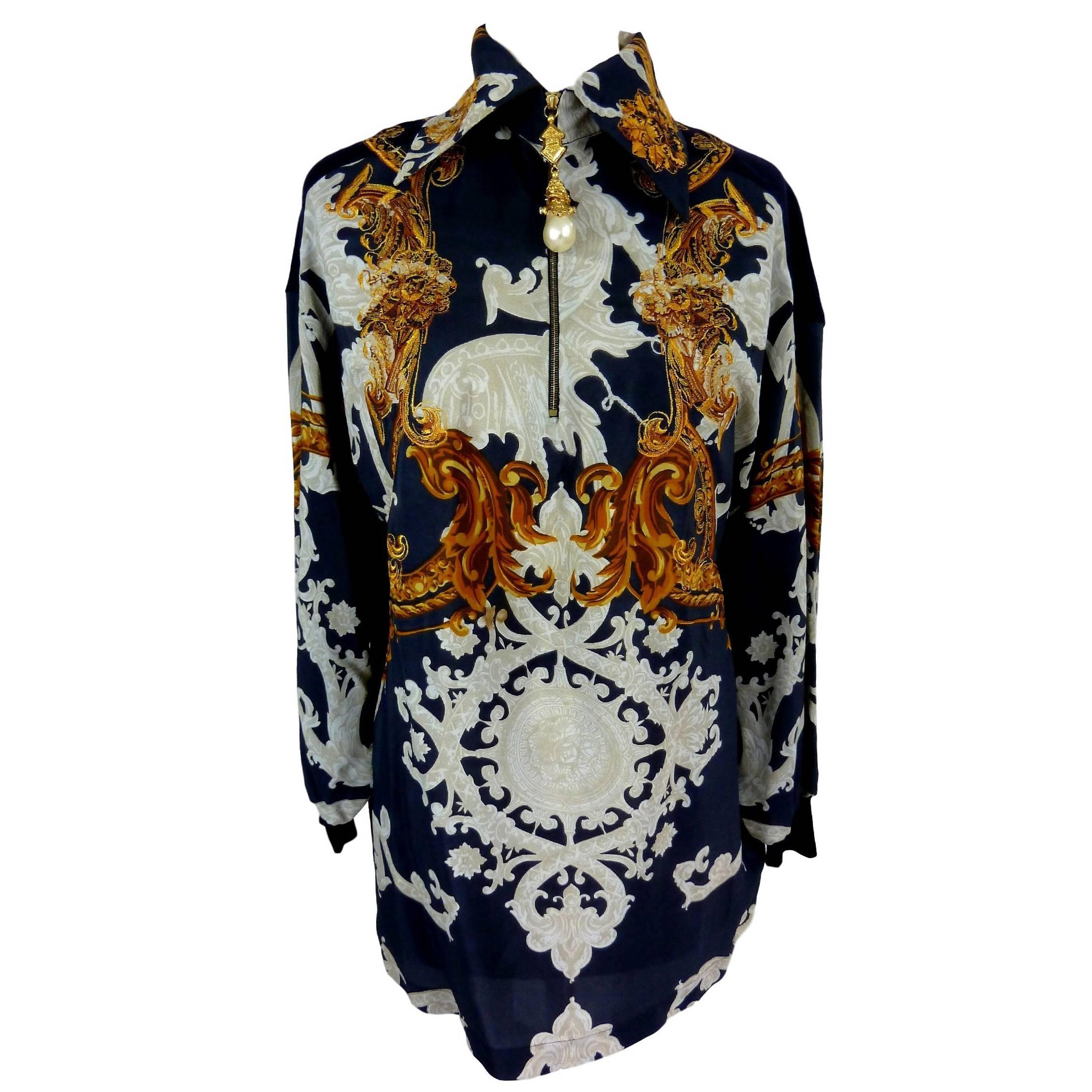Gianfranco Ferrè baroque vintage blouse blue silk size 38 woman's 1980's