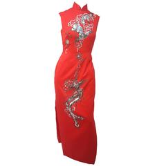 Vintage 60s Red Cheongsam w/ Silver Sequin Dragon Embellishment