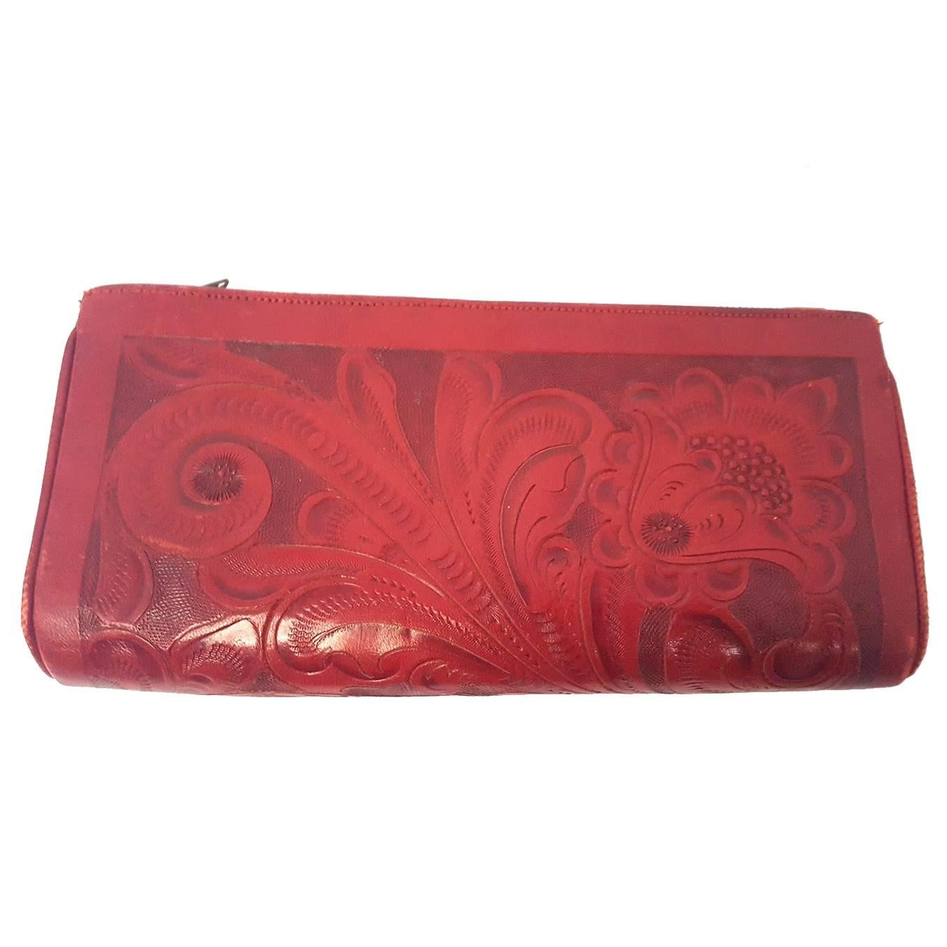 50s Red Mexican Hand Tooled Clutch