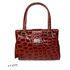 Vintage Gianfranco Ferrè Doctor Brown Calfskin Leather Croc Embossed Italian Hand Bag