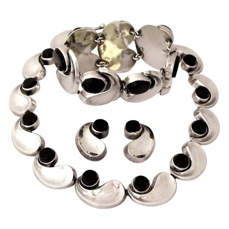 Antonio Pineda Taxco Sterling Silver Parure Necklace Bracelet & Earrings For Sale