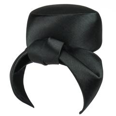 Haute Couture BALENCIAGA c.1960's Black Silk Satin Sculptural Bow Pill Box Hat