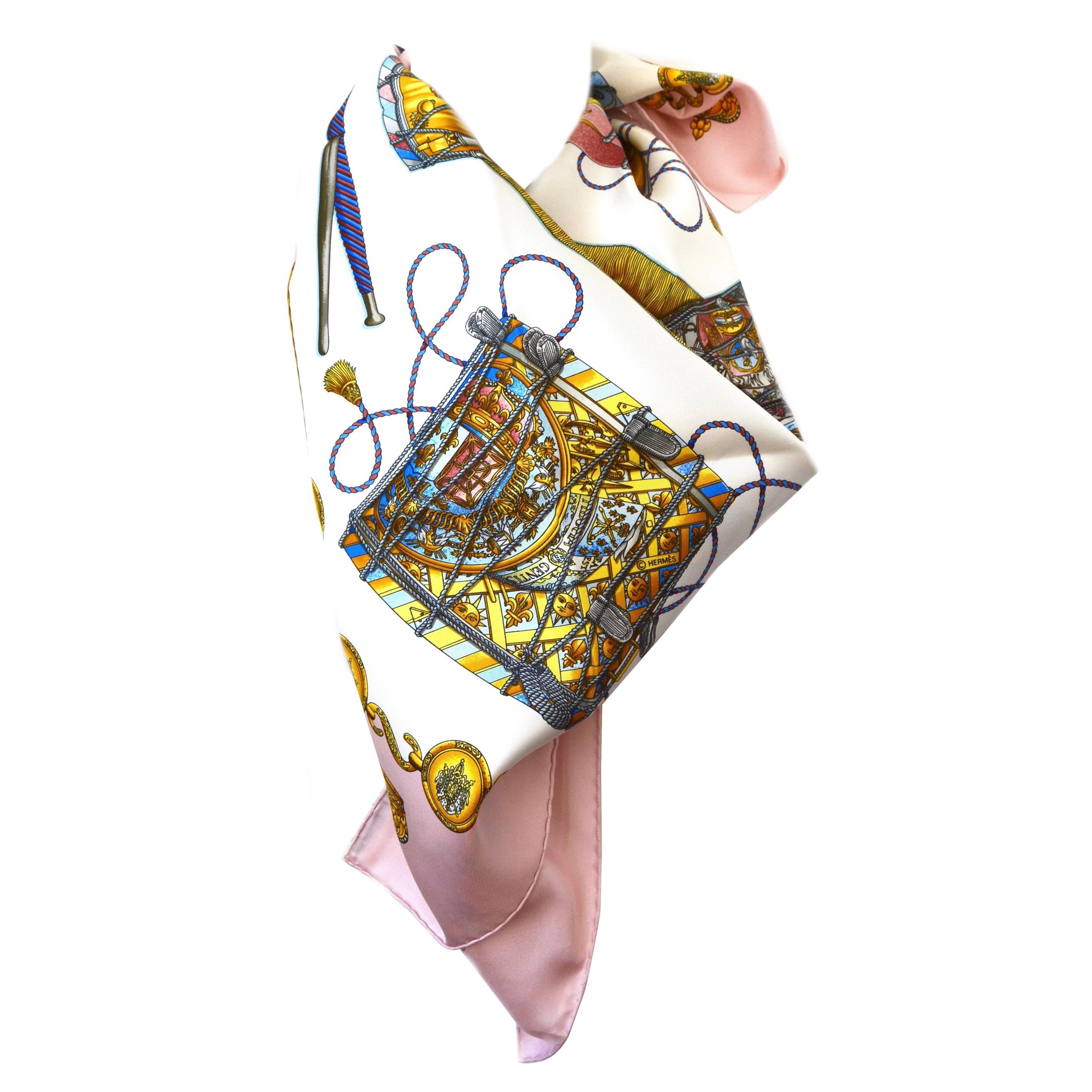 Hermes Les Tambours Pink Silk Scarf