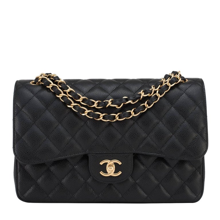 Chanel Black Quilted Caviar Jumbo Classic Double Flap Bag Gold Hardware ...