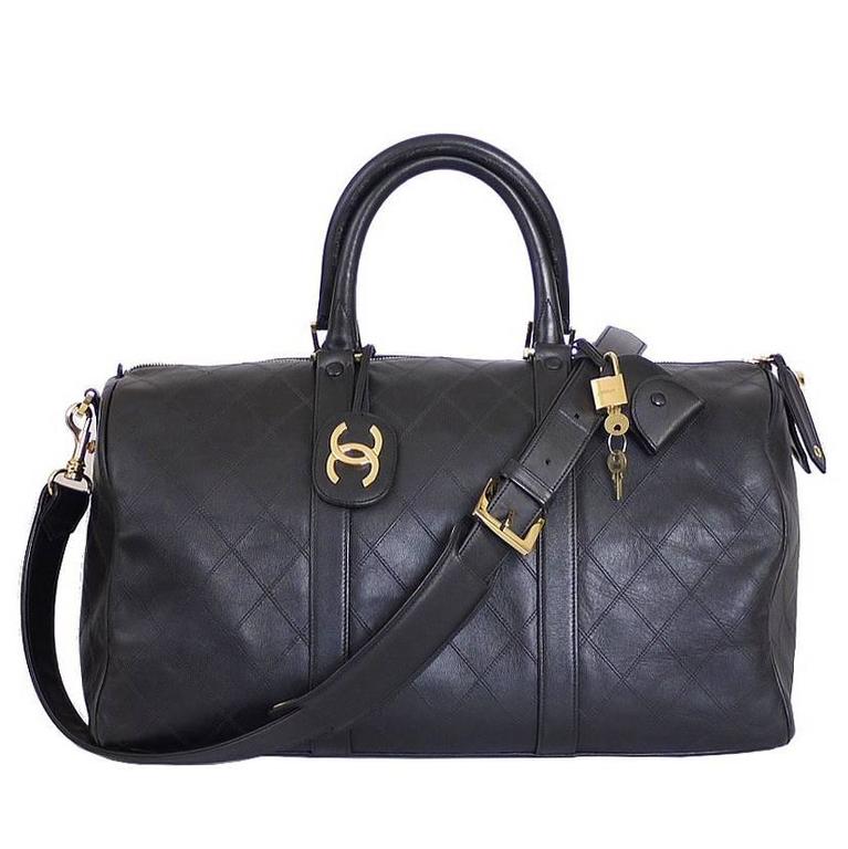 Vintage Chanel Black Lambskin Flat Quilt Boston Duffle Bag at 1stDibs ...