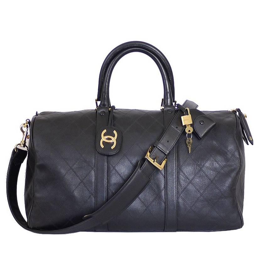 Vintage Chanel Black Lambskin Flat Quilt Boston Duffle Bag