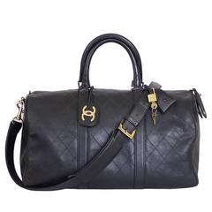 Retro Chanel Black Lambskin Flat Quilt Boston Duffle Bag