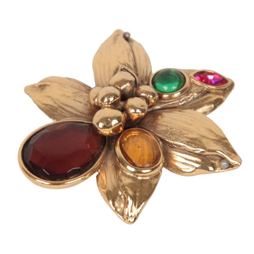 Authentic YVES SAINT LAURENT Gold Metal FLOWER BROOCH w/ GLASS Stones