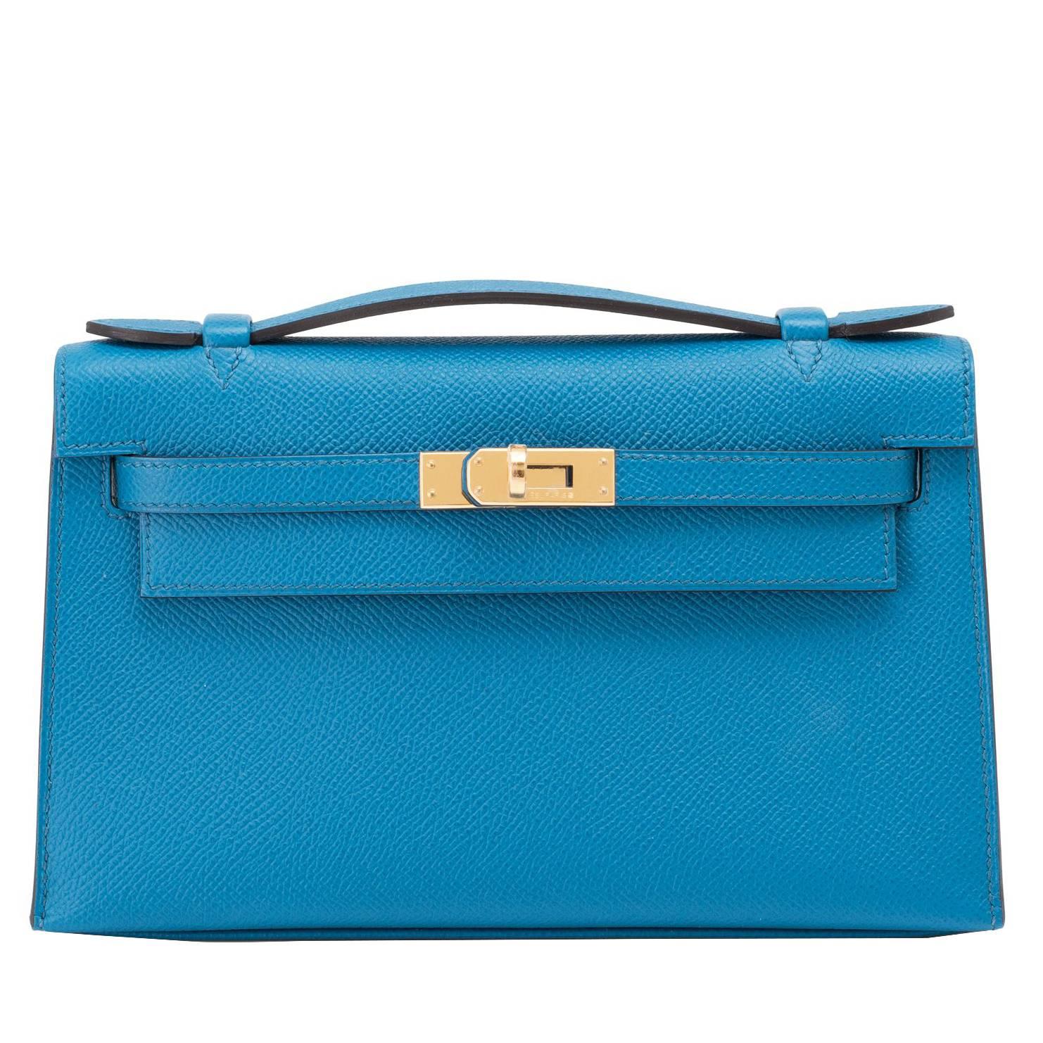 Hermes Blue Izmir Kelly Pochette Clutch Bag Cut Epsom Gold Hardware Gorgeous