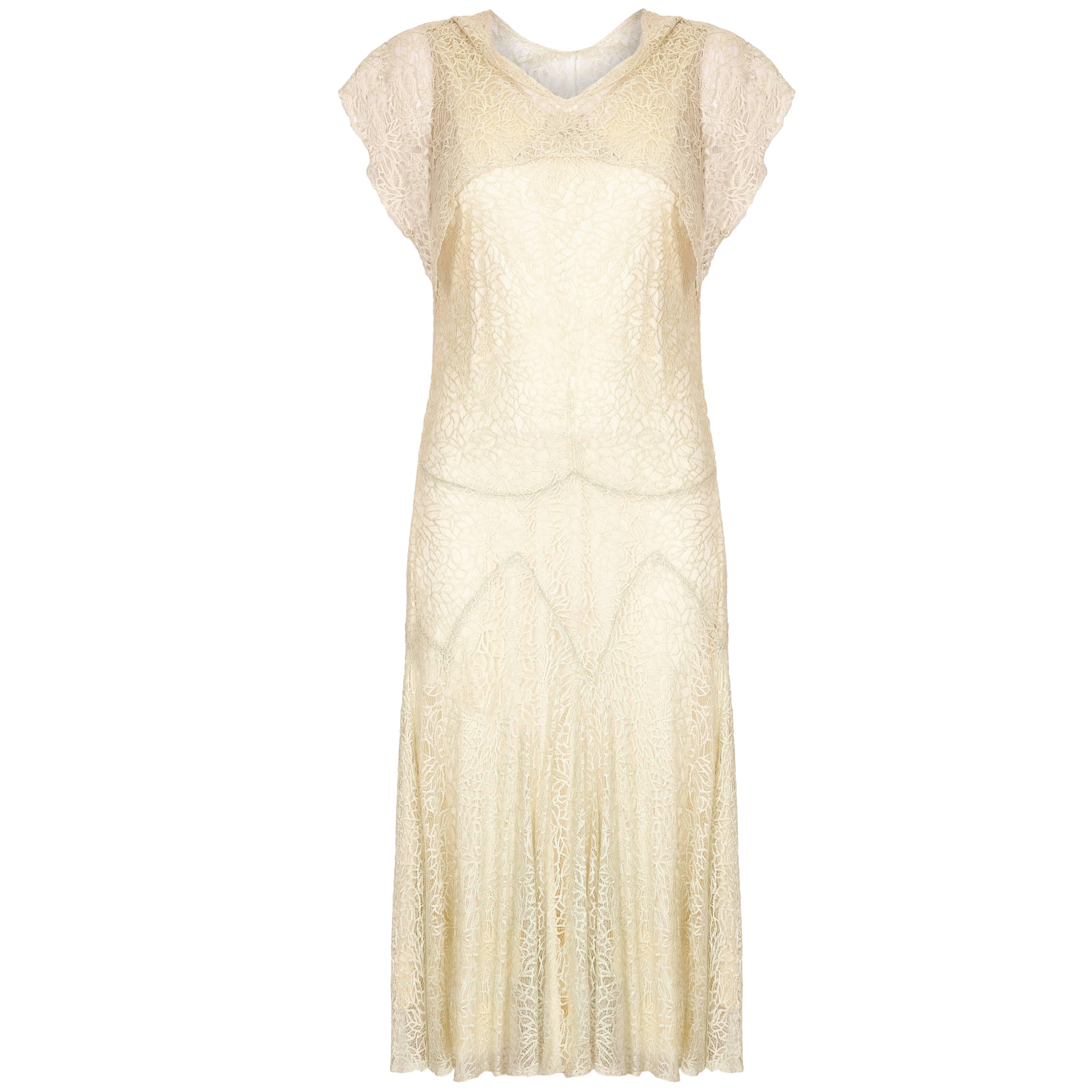 1920s Mint Green Rose Pattern Cobweb Lace Flapper Dress