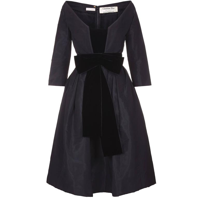 Sensational 1950s Christian Dior Black Taffeta Silk Dress with Velvet ...