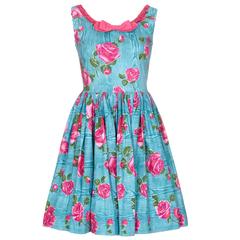 1950s Vibrant Turquoise and Pink Cotton Rose Print Dress