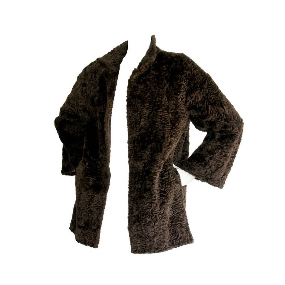 1960s Vintage Yves Saint Laurent Brown Sheared Lamb Fur Swing Coat Jacket