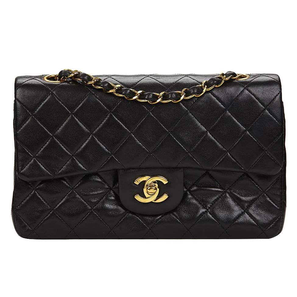 Chanel Black Quilted Lambskin Vintage Small Classic Double Flap Bag 1990s  