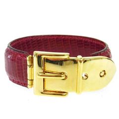 Gucci Red Men's Women's Gold Buckle Leather Cuff Bracelet in Box