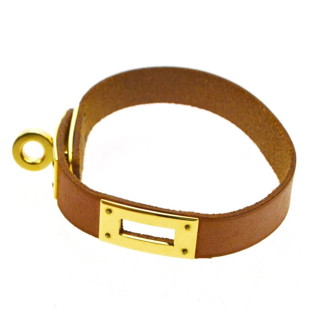 Hermes Cognac Leather Gold Cuff Bracelet in Box
