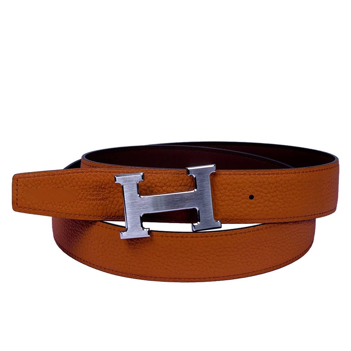 Hermes Men´s Reversible Belt "H" Leather Rouge H / Terre Batue BPHW 2016 For Sale