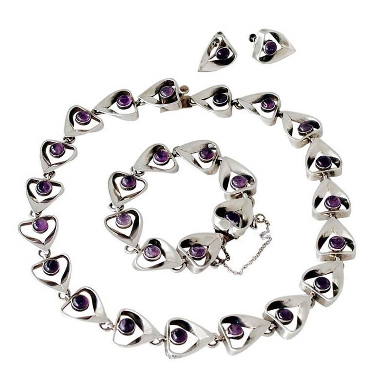 Emma Melendez Taxco Sterling Silver & Amethyst Parure 1960 For Sale