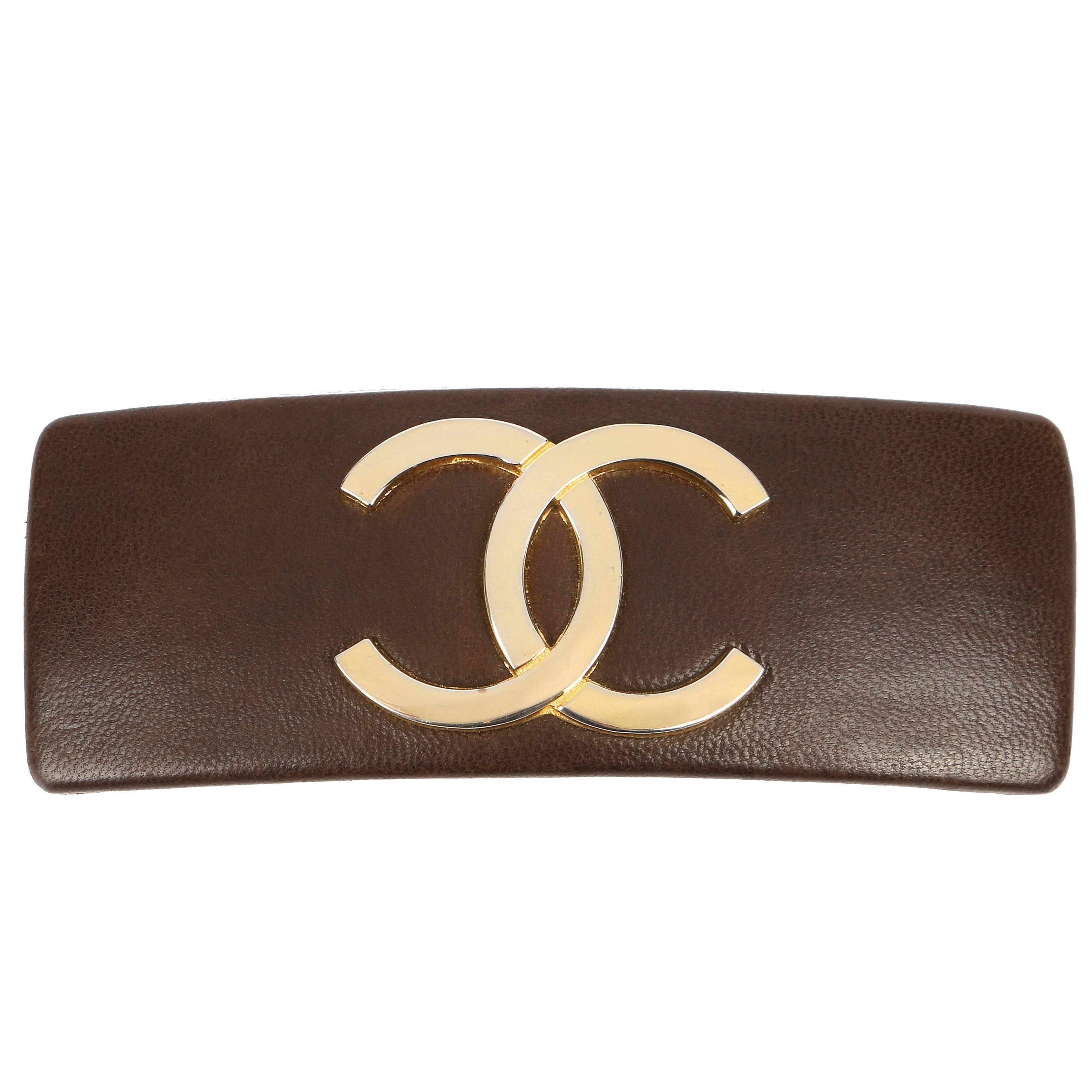 CHANEL Brown Leather Gold CC Logo French Classic Hair Clip Barrette
