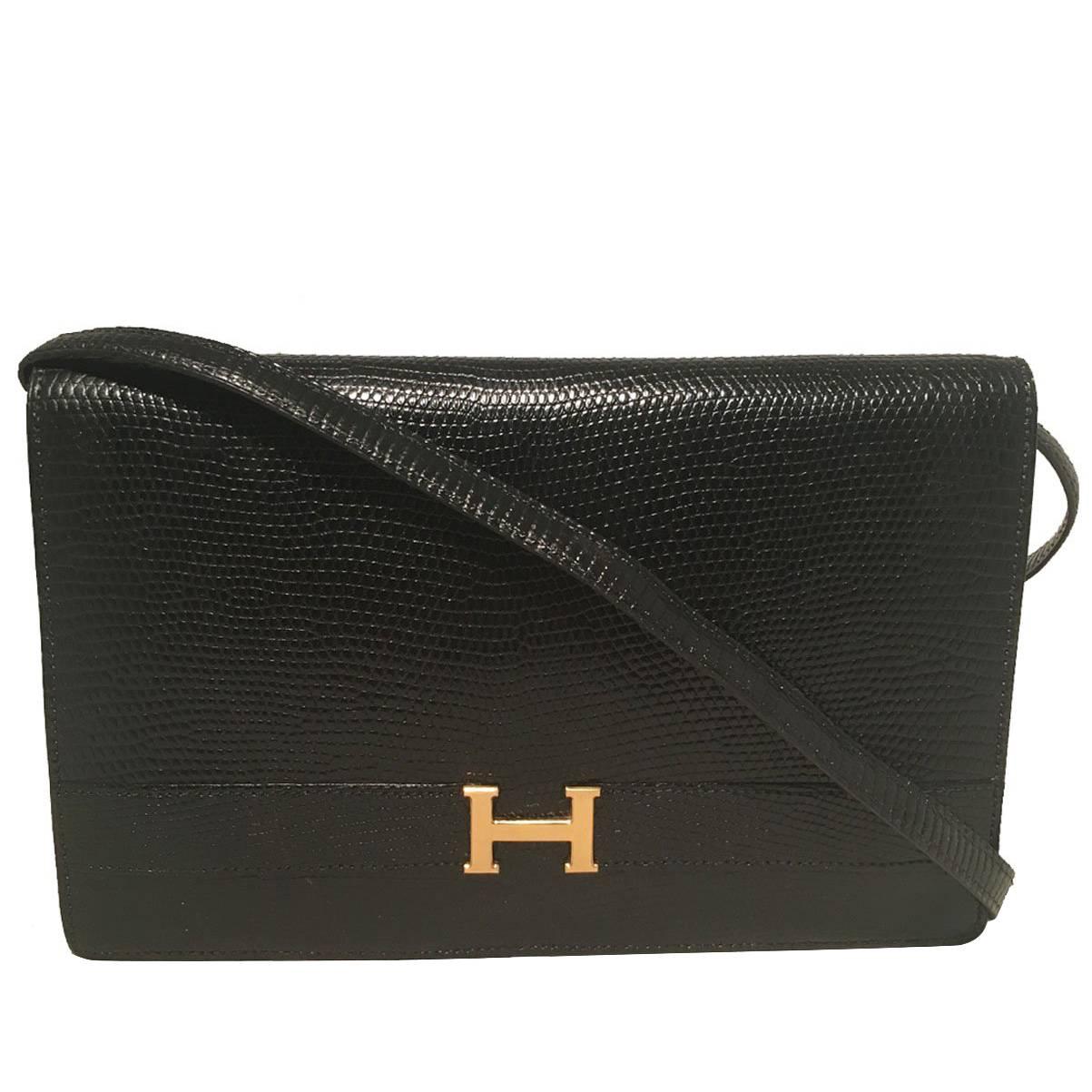 Hermes Vintage Black Lizard Shoulder Bag