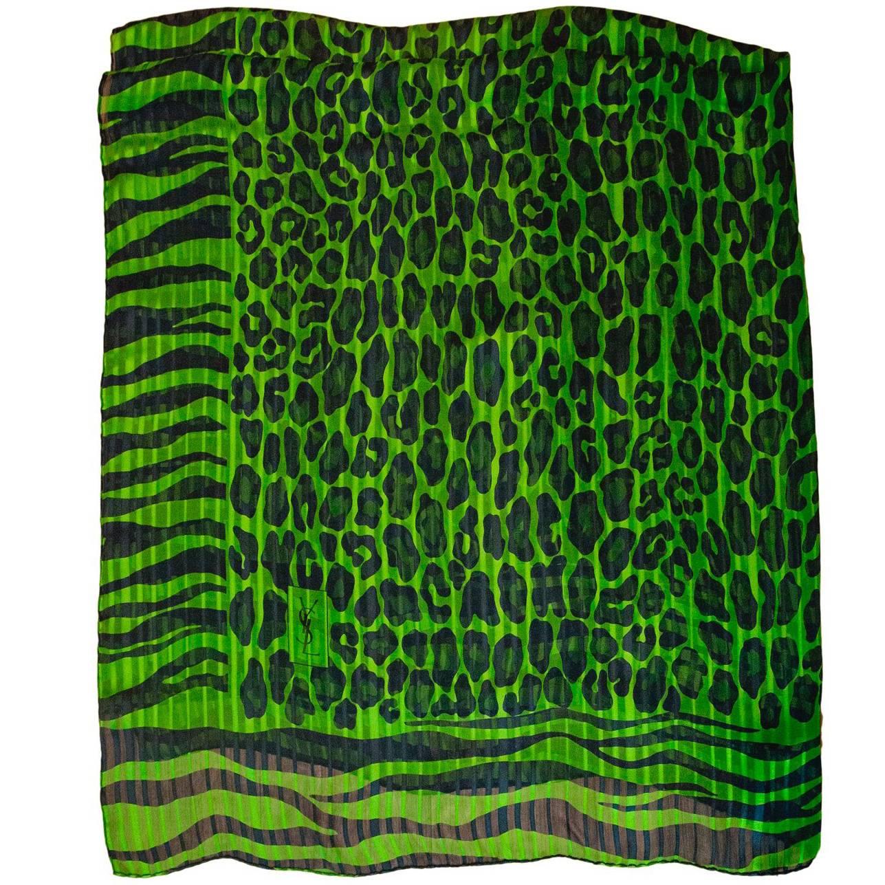 Yves Saint Laurent YSL Vintage Green & Black Animal Print Silk Scarf